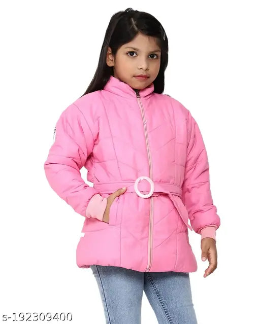 Pink padded coat with a belt at the waist