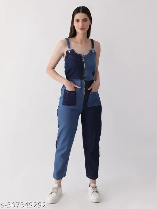 Denim sleeveless women's jumpsuit DCW24130, solid net pattern, effortless Indian fashion