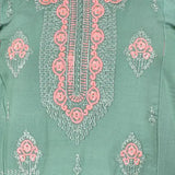 Girls allover rayon embroidered kurta set with trousers, featuring A-line top and three-quarter sleeves, available in sizes 4-16 years. Indian embroidered traditional wear for kids
