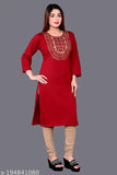 Red woolen kurti with embroidery and a neckline, short sleeves