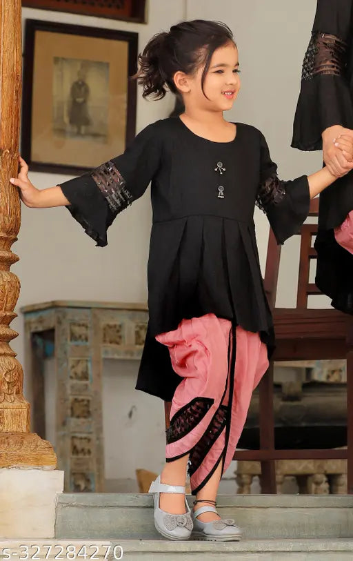 Rayon A-line kurti with dhoti pants for kids, solid color with show buttons, sizes 4-5 Years to 11-12 Years, Indian handcrafted children's clothing
