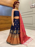 Blue Jacquard Lehnega choli for kids, semi-stitched art silk top with zari woven pattern and three-quarter sleeves, Indian traditional wear