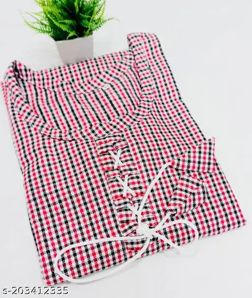 Woolen kurti with white and black striped pattern, red lining, styled on mannequin