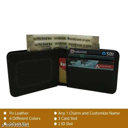 Dark brown faux leather wallet and keychain set with personalized name and charm, functionally designed for men's essentials