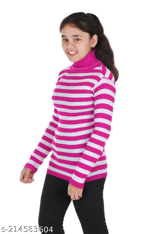 Striped pink and white woolen full sleeve sweater for girls by 100LUCK.
