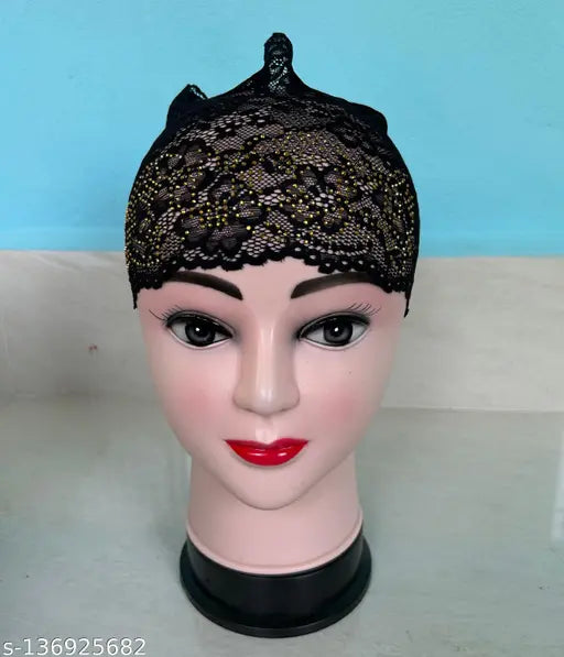 Black hijab cap with net band and head wrap