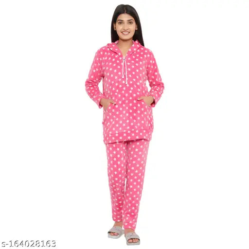 Free size PALIVAL women's printed woolen winter night suit with long sleeves, country of origin: India