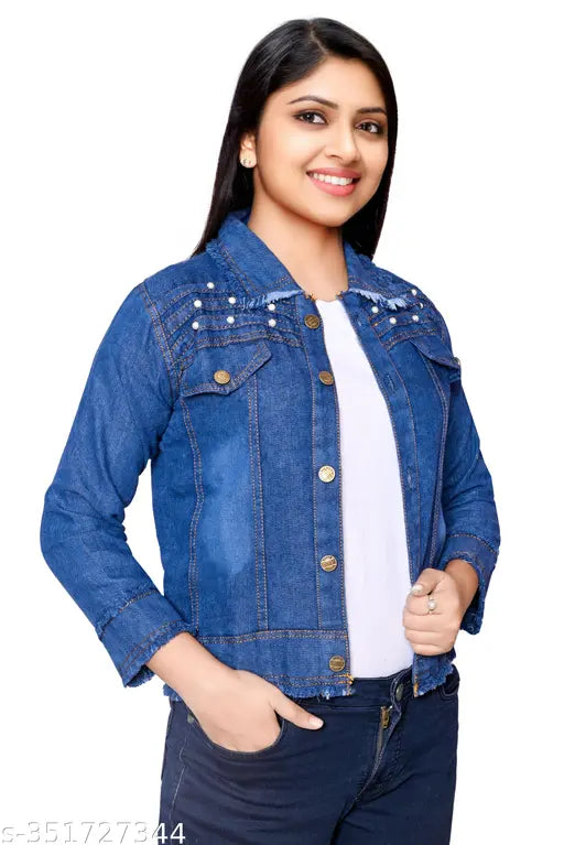 Denim women's jeans jacket, solid color, long sleeves - stylish choice for parties or functions