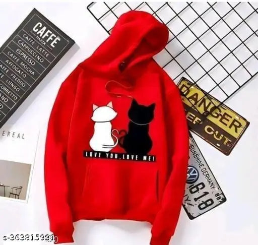 Red fleece hoodie set for women & girls featuring printed cats, long sleeves, size options XS-XL