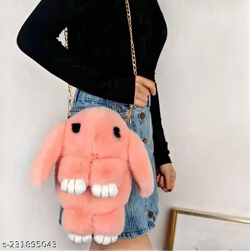 Soft fluffy pink rabbit sling bag, for kids, with adjustable shoulder strap