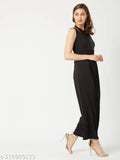 Black polyester halter neck jumpsuit, Miss Chase women's solid sequin-paneled style, XS-XL sizes