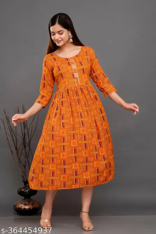 New trendy rayon Anarkali gown with embroidery, three-quarter sleeves, printed pattern. Anarkali kurti for women, available in S-XXXXL sizes