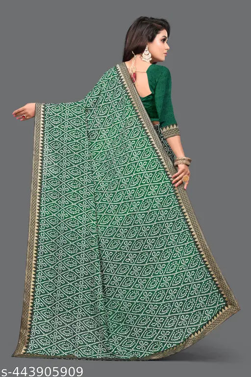 Green and gold Georgette Maharani bandhani saree with unstitched blouse piece