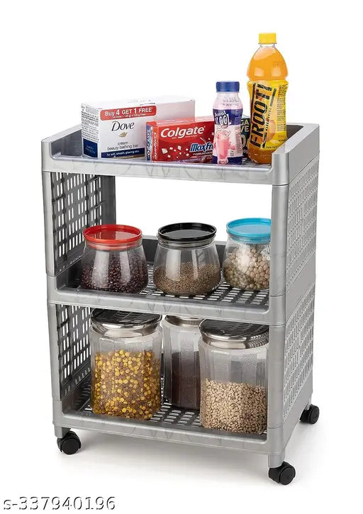 Three-layer grey rolling storage organizer for kitchen and office with wheels