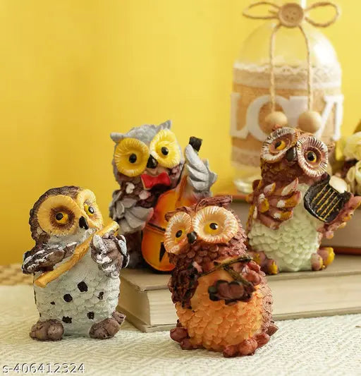 Multicolor owl musical instrument figurines set, handcrafted resin orchestra decor for home outdoor (Set of 4)