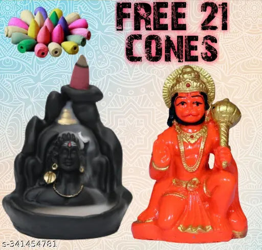 Resin Adiyogi and Hanuman ji backflow incense showpiece combo for home decor, includes 21 smoke cones (Indian-made)