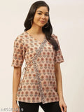 Beige Floral Print, Pure Cotton V-Neck Half Sleeve Wrap Top - Women's Ethnic Wear from Fabric Fitoor, Jaipuri design