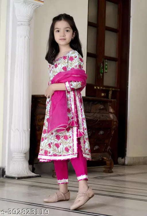 Pink rayon floral top with three-quarter sleeves, Indian ethnic girls' clothing for parties and daily wear