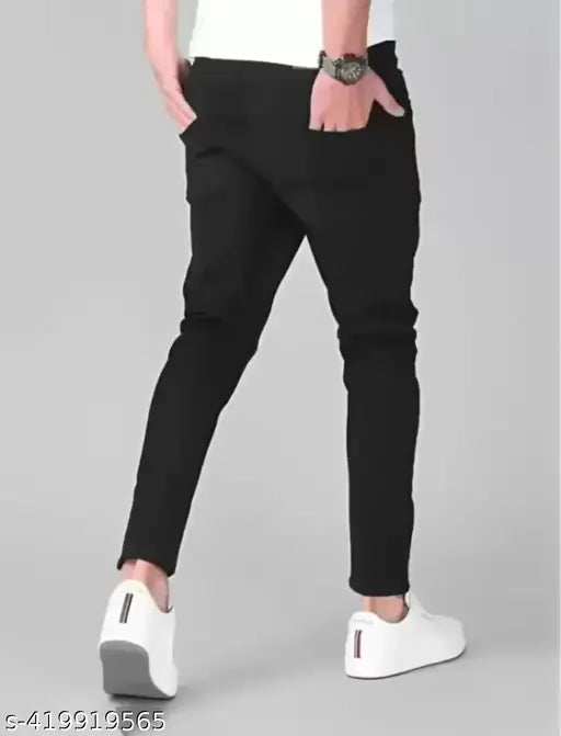 Black denim men's jeans, solid pattern, trendy stylish fit for modern fashion