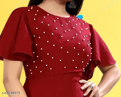 Maroon rayon dress for girls, solid pattern, short sleeves, 7-8 years size