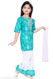 Rayon Kurta Sharara Set with Printed Dupatta for Girls, ideal for ethnic wear. Comfortable Cotton Rayon fabric in a straight cut with sharara bottom and three-quarter sleeves. Size options: 2-3Y, 3-4Y, 4-5Y, 5-6Y, 6-7Y, 7-8Y, 8-9Y, 9-10Y. Made in India