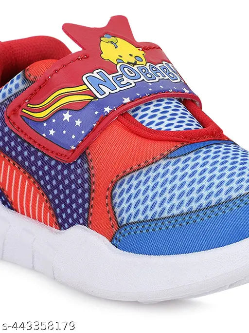 Red and blue shoes with graphic design, Velcro closure, suitable for kids aged 6 months to 9 months