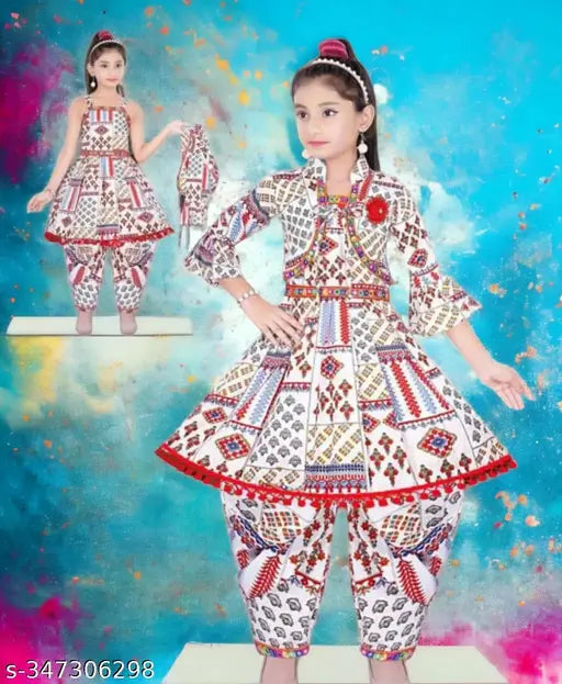 White cotton silk Anarkali dhoti pants set for girls, printed with festive motifs, best for Garbha, Navratri, and Diwali celebrations