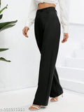 Black wide-leg trousers, high-waisted, long-sleeve top