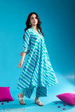 Pure cotton Anarkali Lehriya pattern Kurta pant set with V-Neck embroidery, India-made modern traditional wear for XL size (42in bust, 15.5in shoulders, 40in waist, 46in length, 30in bottom waist, 44in hip, 40in bottom length)