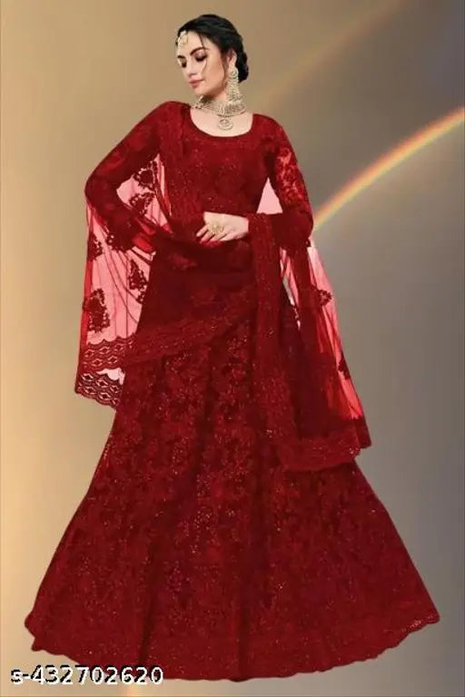 Heavvy designer embroidered net lehenga Choli and dupatta, trending stylish Indian wedding ensemble with semi-stitched dimensions (44in waist, 42in length, 12in dupatta)
