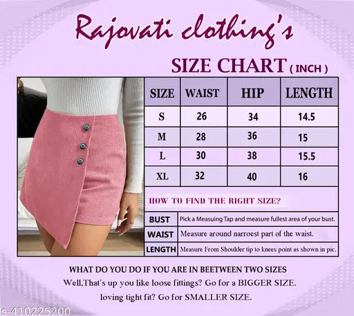 Pink pleated skirt with three-quarter length, size chart in background