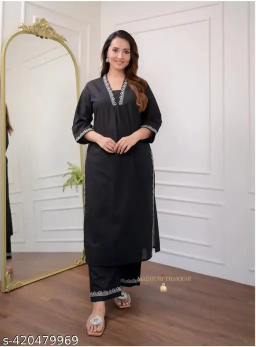Rayon Solid Kurta with Palazzos by Kavya - Indian three-quarter sleeve fashion set in S, M, L, XL, XXL, XXXL
