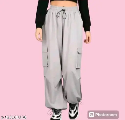 Grey cargo pants with side pockets and tie waistband