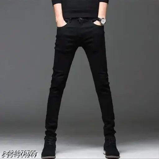 Men's black denim jeans, solid pattern, perfect fit for any occasion. Made in India