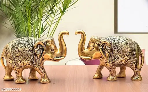 Gold-polished elephant statue, 12.5cm metal decor for home office tables, Indian art gift
