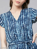 Blue tie-dye print rayon jumpsuit for women, short sleeves, stylestone india