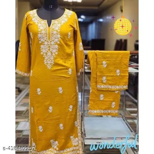 Embroidered rayon kurti set for women under 700, three-quarter sleeve with plazzo pants, Indian Chikankari work