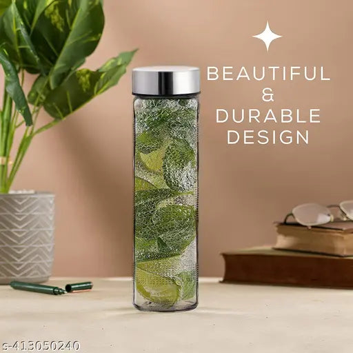 Clear glass water bottles set of 4, leakproof lids - smoothie, juice, beverage glasses, 750ml, big cap, airtight, suitable for car cup holders and refrigerators