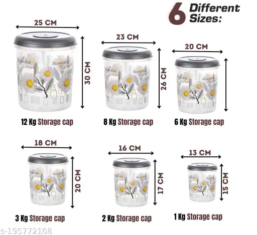 Veksin 6 pack plastic containers set, assorted sizes: 12kg, 8kg, 6kg, 3kg, 2kg, 1kg, with a beautiful design. Mixer Grocery Container Set, grey