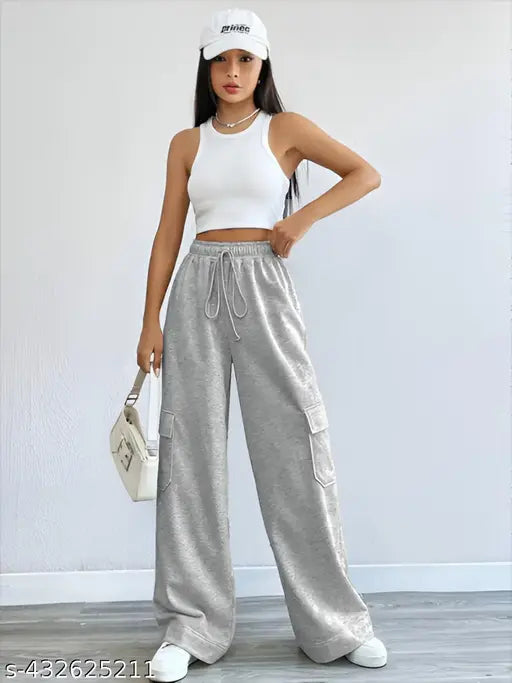 Recycled French terry cotton baggy cargo trousers, solid color with wide bottom opening - India brand for comfortable and elegant look