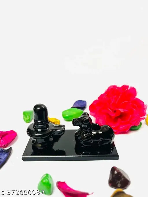 Hand-painted black Shivling with Nandi idol, handcrafted from India, 8cm x 4cm x 8cm