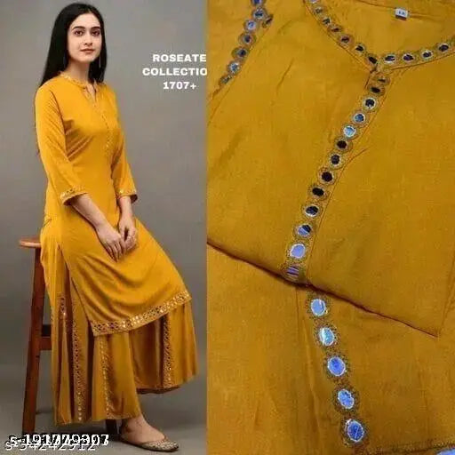 Mirror work rayon kurta set with palazzos, solid net, three-quarter sleeves for women