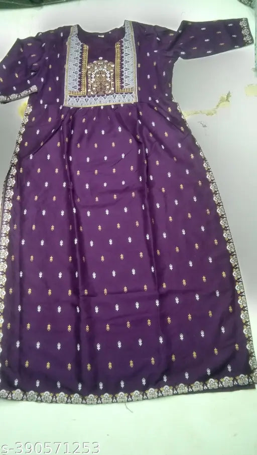 Purple rayon printed festive kurti for women, three-quarter sleeves, Indian fashion on mannequin