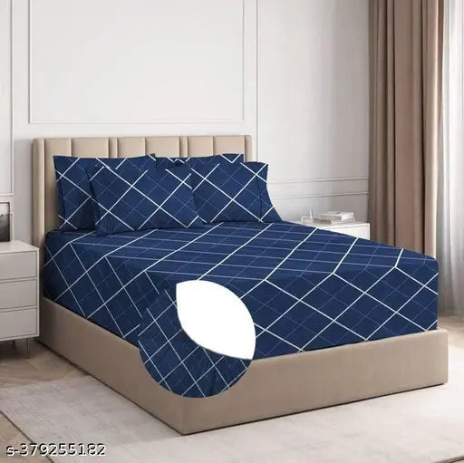 Premium glace cotton checked fitted double bedsheet pack of 1 with 2 pillow covers - soft, comfortable, and elastic-fitted for a perfect summer sleep