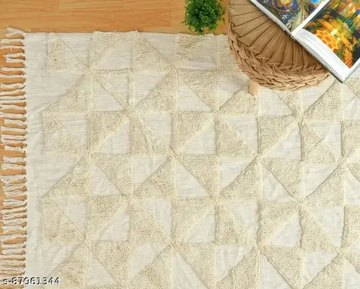 Off-white cotton geometric throw tassels, 60x50 inches, handmade Indian decor for sofa