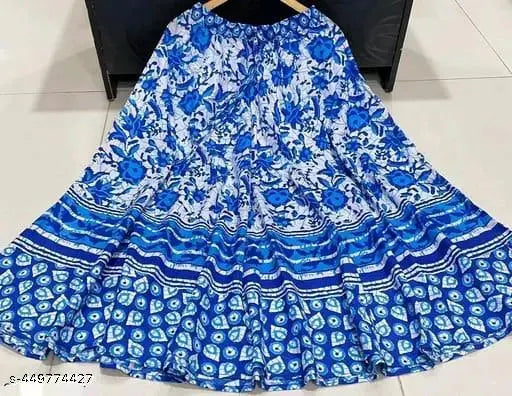 Long blue printed skirt with a ruffled hem