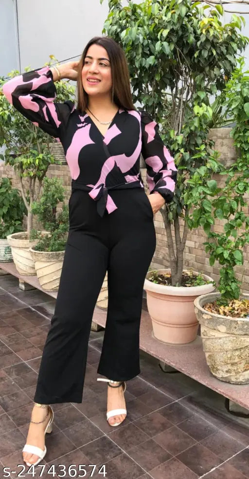 Printed Georgette Jumpsuit Set for Women & Girls - Indian-made, high-quality georgette fabric, long sleeves, printed pattern on display