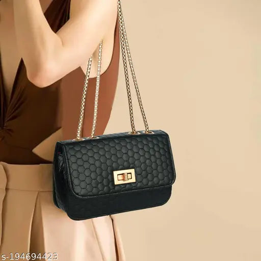 Black faux leather side sling purse with chain strap