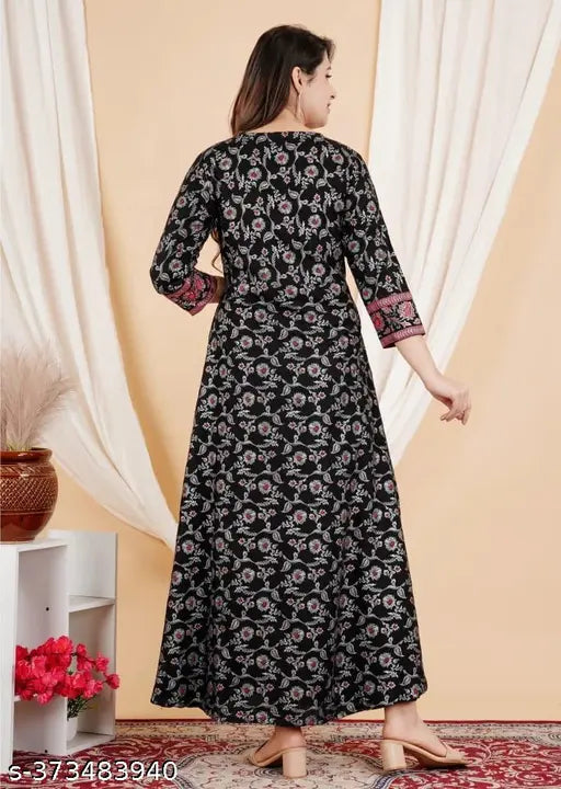 VANDANA FASHION women's black and floral anarkali dress with puffed sleeves