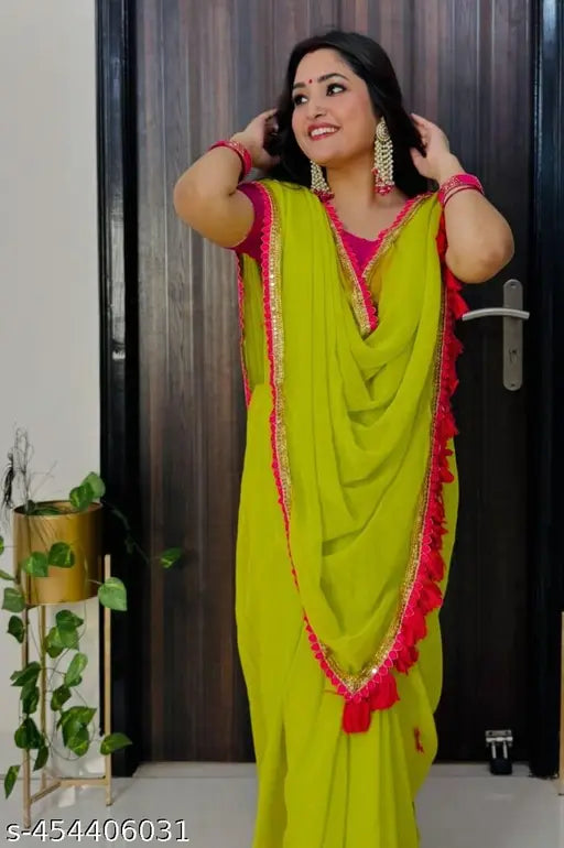 Georgette embroidery sari, single free size Indian saree with solid Bangalori silk blouse and running blouse
